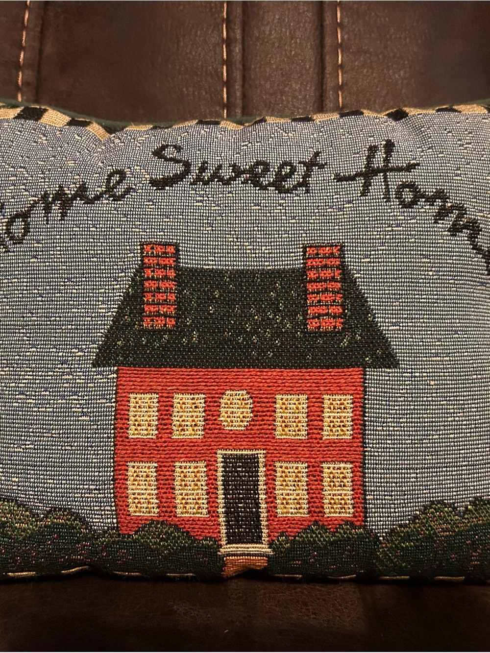 Home Sweet Home Accent Pillow - Blue with Red House Motif